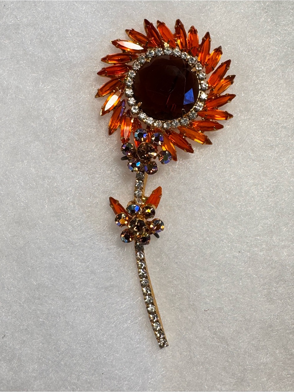 Vintage Juliana (D&E) flower brooch orange navette rhinestones large brown Stone
